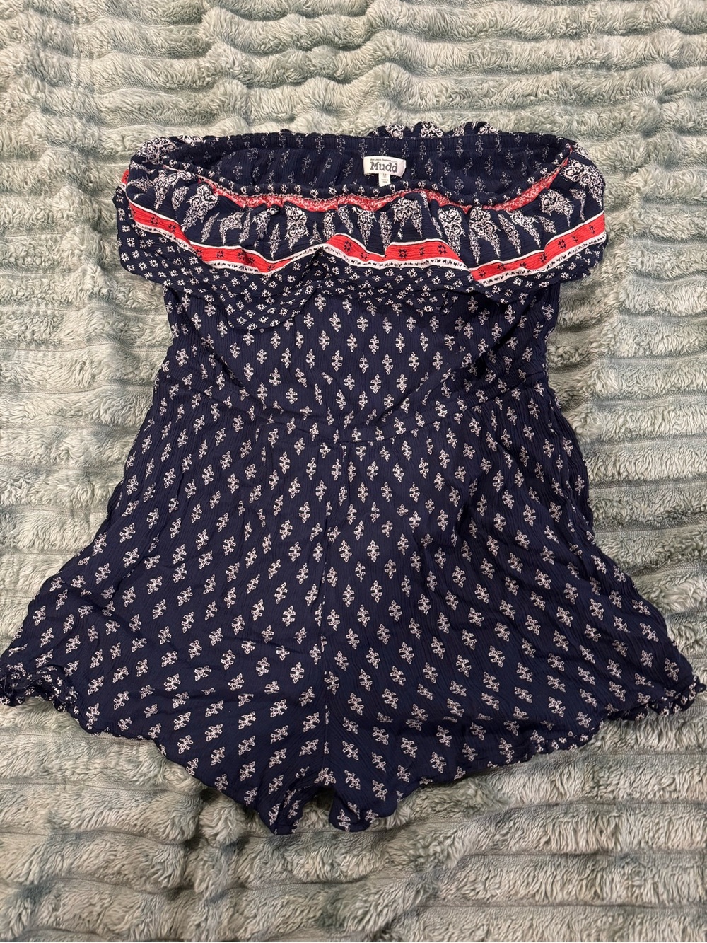 Mudd Navy Printed Strapless Romper with Red Trim